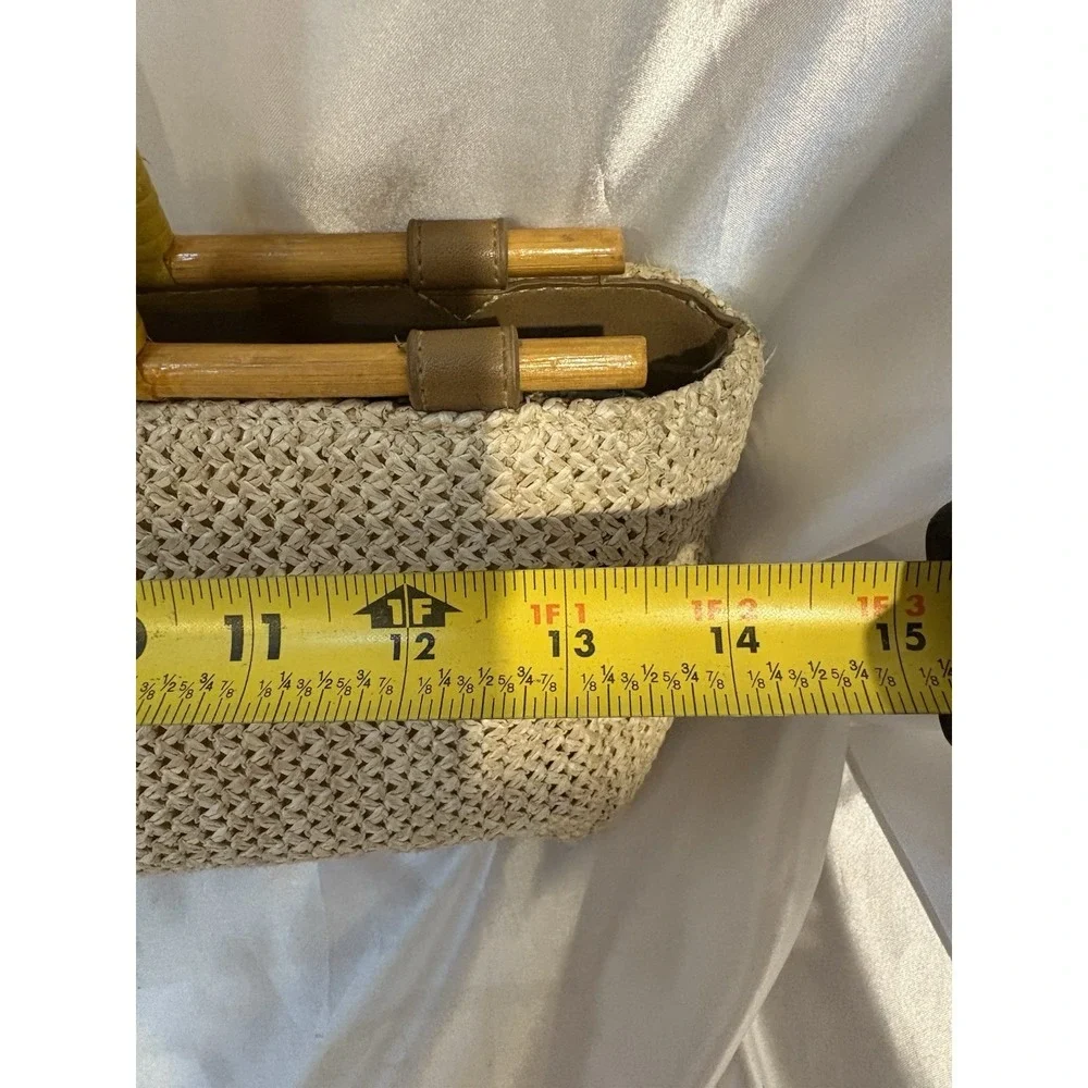 Vintage Fossil Woven Bamboo Wooden Handle Boho style Satchel Purse no strap - Picture 3 of 7